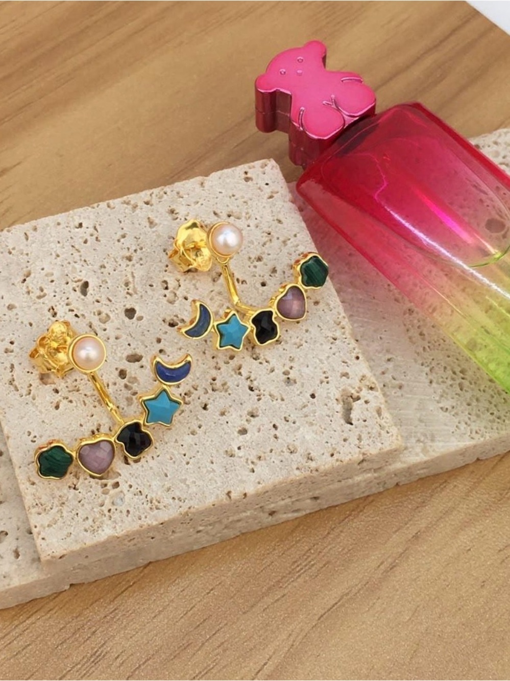 To Gold Earrings with Blue and Green Accents 925